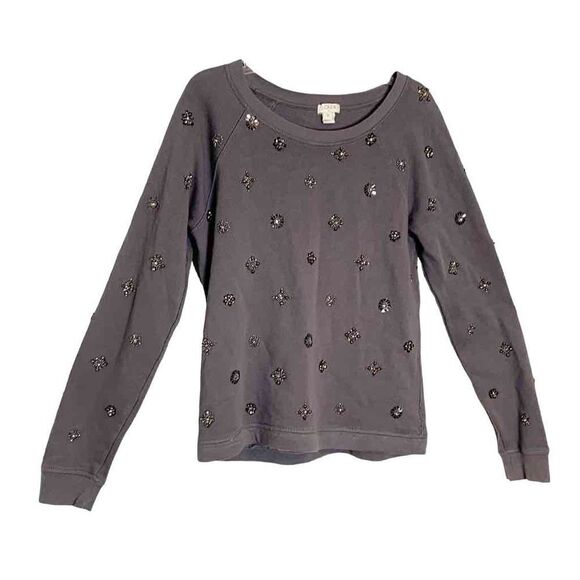 J. Crew Grey Silver Sparkle Beaded Accents Crewneck Sweatshirt Women’s S Holiday - Picture 3 of 13